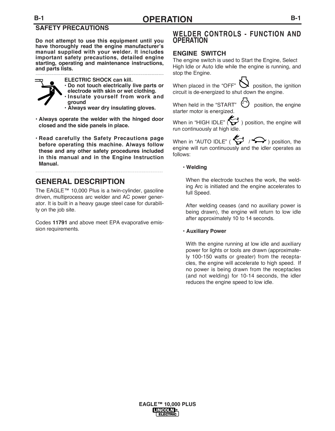 Lincoln Electric IM10028-B manual General Description, Welder Controls Function and Operation, Engine Switch, Welding 